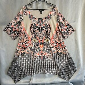 Style & Co Woman 2X Tunic Paisley Rhinestone Sharkbite Hem Top Coral Black White